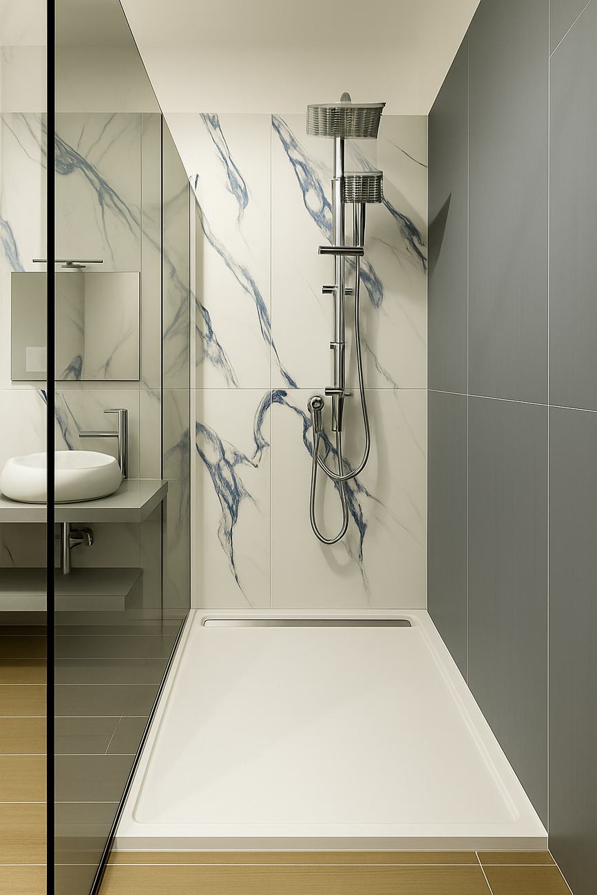 Doccia con rivestimento in marmo bianco e blu
